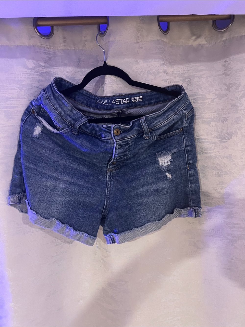 Vanilla Star Medium Blue Distressed High-Rise Jean Shorts